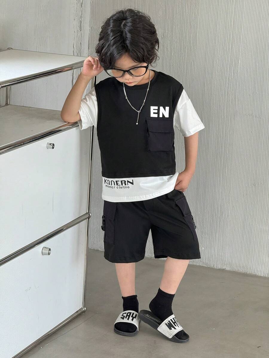 SHEIN 2pcs Young Boy Summer Street Style Letter Print Colorblock Short Sleeve Top And Casual Shorts Set - Black - View 1