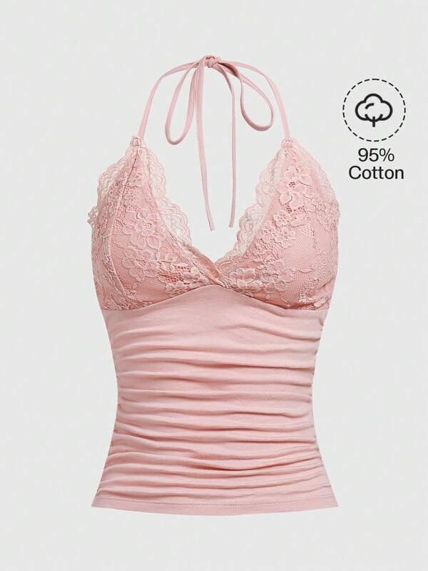 ROMWE PUNK Spitzenpaneel Halter Top