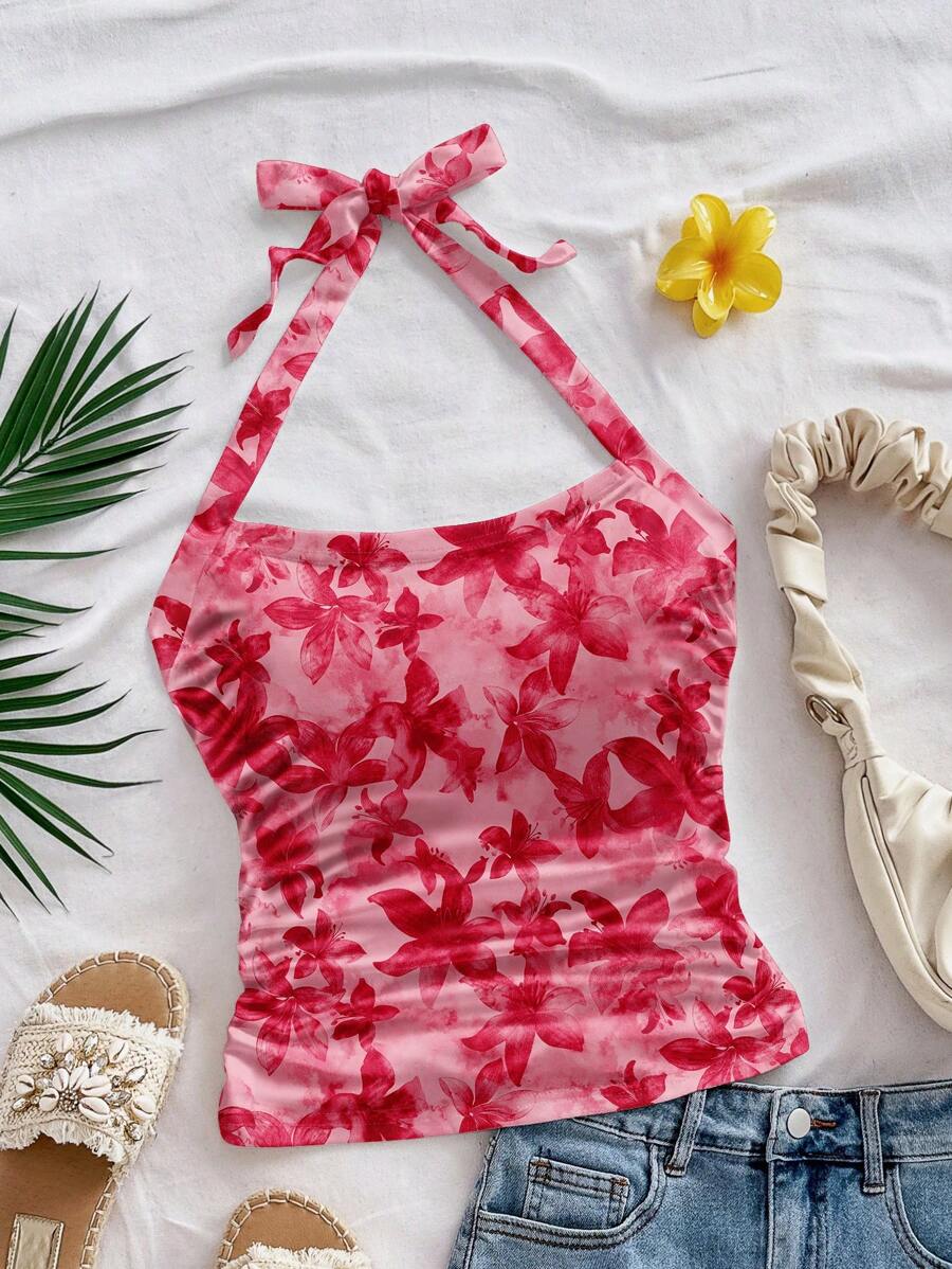 Soleia Áo ba lỗ hở lưng hở lưng xếp nếp màu trắng cho nữ, họa tiết hoa dâm bụt, thích hợp cho kỳ nghỉ hè - Nhiều màu - Xem 1