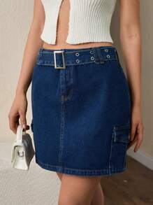 CLARA VERO Women'S Utility Denim Skirt With Belt - Medium Wash - View 3