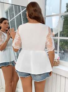 Celure Women Plus Size V-Neck Lace Sleeve Fitted Blouse - White - View 2