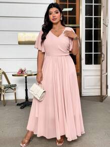 DreamSkyne 大码女式 V 领雪纺短袖紧身正式派对礼服，优雅设计，适合高端场合，A 字长裙，春夏 - 粉色 - 查看 5