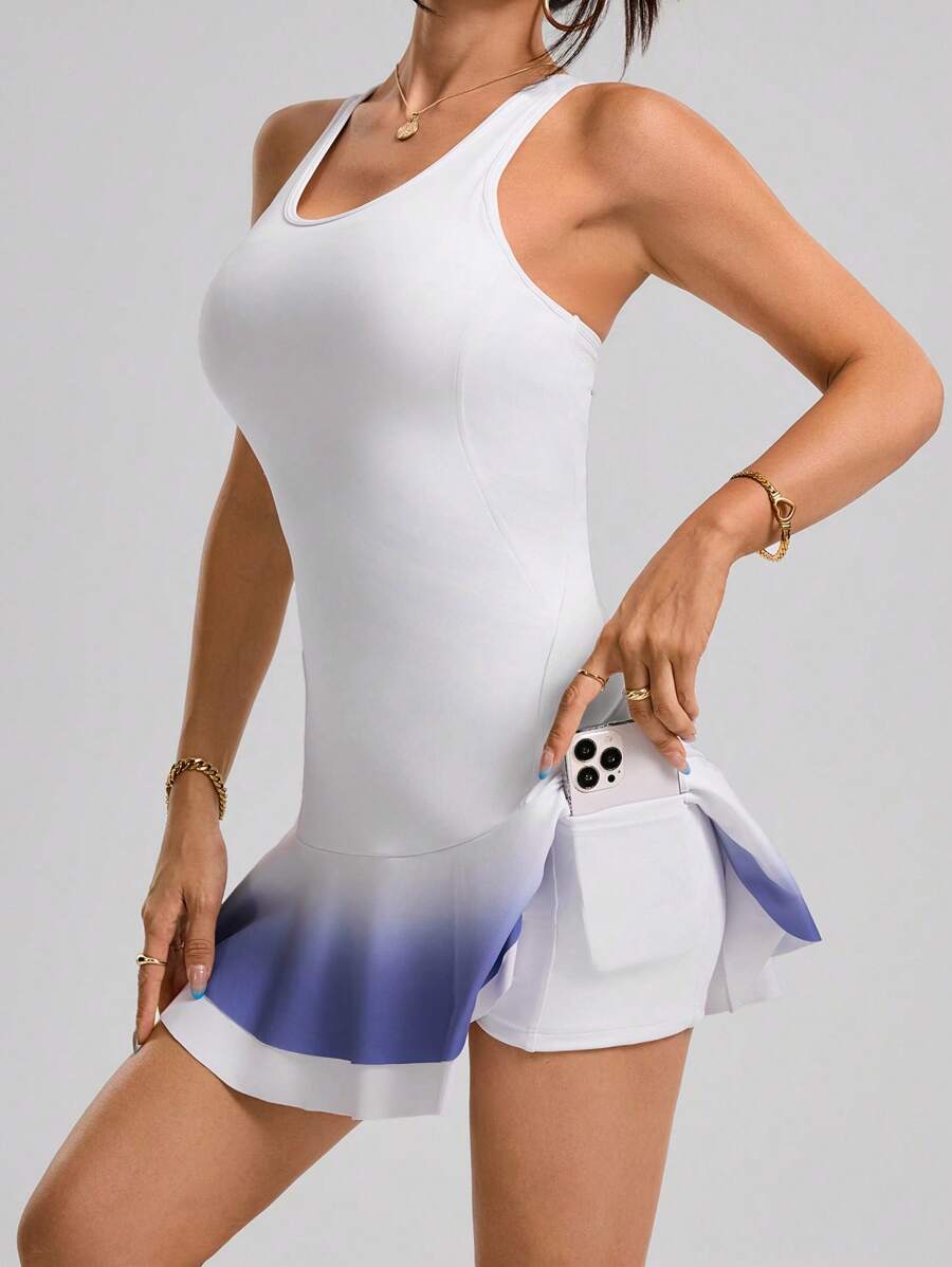SHEIN 女式渐变色荷叶边下摆运动连衣裙,夏季 - 白色 - 查看 1