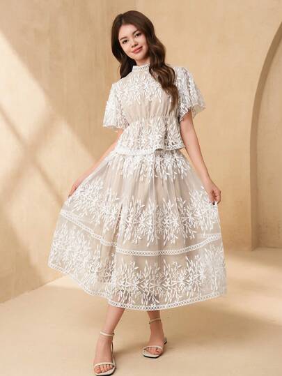 SHEIN 2pcs Teen Girl Elegant 3D Floral High Neck Ruffle Sleeve Blouse + Mid-Length Skirt Set