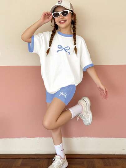 SHEIN Leap Crew 2件套青少年女孩休闲简约短袖T恤和短裤套装，适合夏季