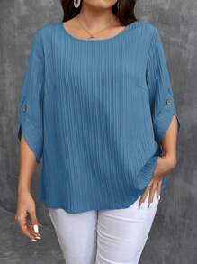 SHEIN LUNE Áo thun cổ tròn màu trơn cỡ lớn thường ngày ngày lễ, thích hợp cho mùa hè - Màu xanh bụi bặm - Xem 1