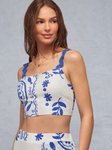 WESTFADE Parte superior corta ajustada de primavera casual y linda con estampado de parches de flores y peces tropicales, cuello cuadrado, tirantes ondulados con puntilla y espalda fruncida, para vacaciones de verano en la playa