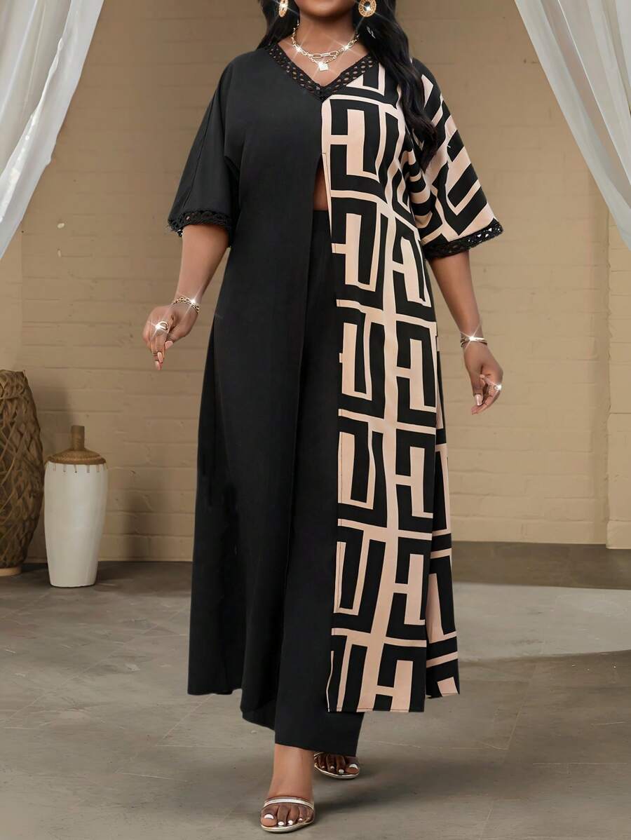 SHEIN Lady Plus Size V-Neck Long Sleeve Solid Color Patchwork Loose Casual Dress, Summer Plus Size Co-Ords Vacation Outfits Woman Beach Outfits For Woman - Black - View 1