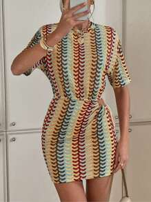 SHEIN Essnce Graduation Dress Beach Outfits For Woman Holiday Music Festival Independence Day Knitted Waist-Baring Hollow Bodycon Women's Short Dress - Multicolor - View 7