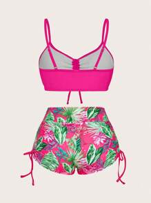 Slaydiva 2pcs Summer Vacation Solid Color Spaghetti Strap Drawstring Crop Top & Tropical Floral Printed Sexy Bikini Bottoms Set For Women, Tank Tops - Hot Pink - View 2