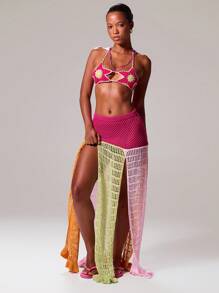 MUSERA Low Rise Contrast Panel Crochet Knit Flounce Hem Maxi Skirt Only Ibiza Sexy Vacation Holiday Summer Festival Beachwear Romantic Elegant Birthday Tequila Sunrise, Beach Club Fall