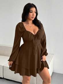 Celure 大码优雅纯色系腰双层下摆连衣裙 - 棕色 - 查看 4