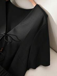 CosyJoli Plus Size Shell Trim Tie Front Short Sleeve Shirt And Shorts Co-Ord Set, Vacation Casual,Summer Outfits For Women - Black - View 5