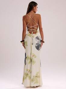 SHEIN BAE Women's Elegant Floral Print Maxi Dress: Sleeveless Spaghetti Strap Knitted Mermaid Hem Beige Maxi Dress For Special Occasions,Valentine's Day,Valentine Outfits For Women - Beige - View 2