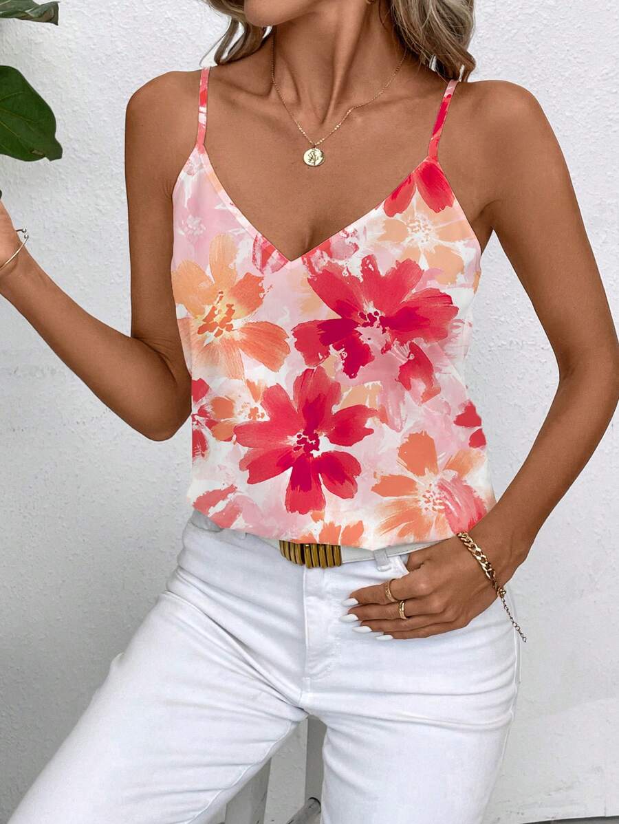 SHEIN Clasi 橙色花卉女士简约吊带背心，适合夏季 - 亮橙色 - 查看 1