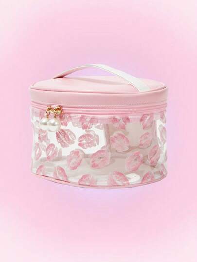 Kawaii 1pc Fashionable Pink Full-Print Lip Makeup Bag, Large Capacity Transparent Cosmetic Pouch For Women