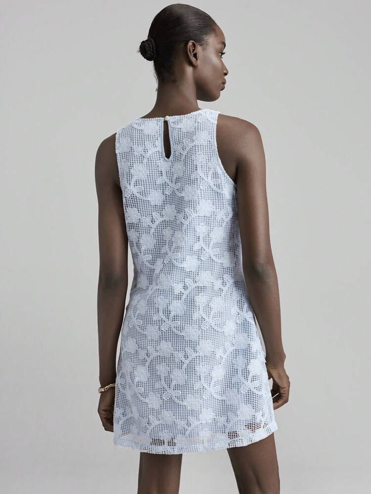 Women Summer Elegant Garden Party Light Blue Floral 3D Decor Sleeveless Mini Dress,Hollow Embroidery A-Line,Off Shoulder Wedding Guest Beach Vacation