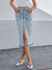 RueChic Button Fly Split Thigh Denim Skirt - Light Wash - View 6