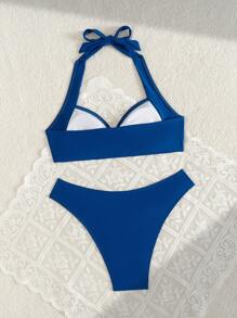 SHEIN Swim Metallic Accessories Halter Neck Bikini Set - Blue - View 5