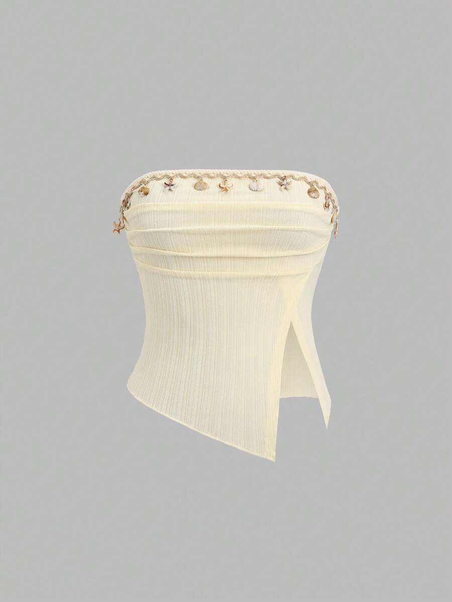 Sweetra New Fashion Seashell Tassel Crinkle Waist Slim Beach Vacation Versatile Strapless Women Blouse - Yellow - View 1