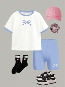 SHEIN Leap Crew 2件套青少年女孩休闲简约短袖T恤和短裤套装，适合夏季 - 彩色 - 查看 3