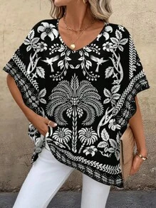 EMERY ROSE Women's Casual Loose V-Neck Spliced Web Design Shirt For Summer - Multicolor - View 3