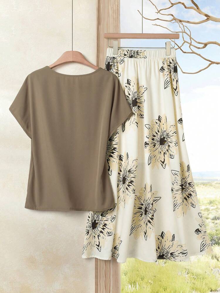 2pcs/Set Women Summer Casual Solid Color Batwing Sleeve Top And Floral Print Skirt, 2 Pieces Outfit Island Vacation Outfits