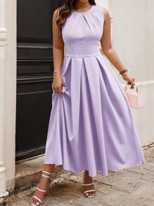 SHEIN Clasi Plus Size Solid Color Round Neck Pleated Casual Summer Dress Maxi Women Outfit - Mauve Purple - View 4