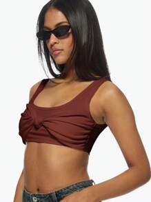 MISSGUIDED Atasan Tank Top Crop dengan Simpul Depan, Bralette Tanpa Lengan untuk Musim Panas, Yoga, Olahraga, Gym, Latihan Atletik, Pelatihan Dasar, Studio Tari, Kasual, Pakaian Sehari-hari, Pakaian Aktif Penting - Mocha Brown - View 4