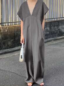 FRIFUL 女士灰色连体裤长裤，V领抽绳设计，夏季套装 - 深灰色 - 查看 3