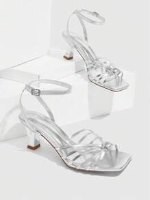 CUCCOO SZL Women Square Toe Silver Strap Bow Detail Sexy Party Stiletto Heels For Christmas - Silver - View 2