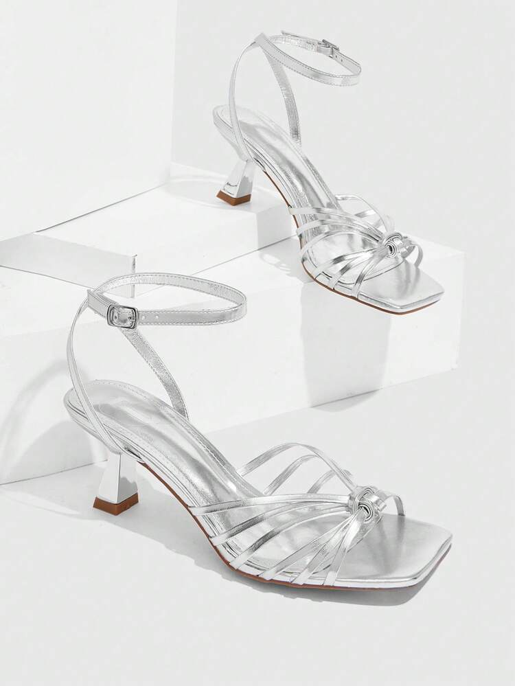 CUCCOO SZL Women Square Toe Silver Strap Bow Detail Sexy Party Stiletto Heels For Christmas Spring Shoes Prom Heels