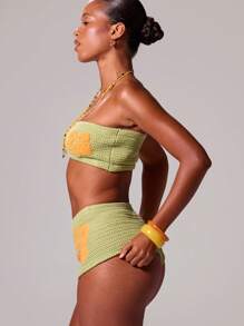 MUSERA Crochet Contrast Floral Detail Strapless Cropped Bandeau Top Only Ibiza Sexy Vacation Holiday Spring Summer Festival Rave Beachwear,Tube Top Tequila Sunrise Going Out Tops Fall