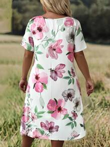 SHEIN Plus Size Women's Crew Neck Short Sleeve Casual Elegant Floral Print Dress - White - View 2