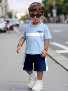 2pcs/Set Boys' Casual Colorblock Pattern Round Neck Short Sleeve Shorts Set, Suitable For Summer - Multicolor - View 1