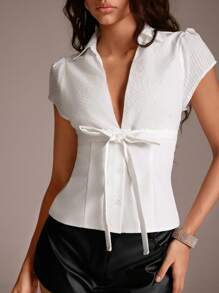 TRNVIE 1 件女式夏季休闲深 V 领条纹纽扣领带腰修身短袖衬衫，白色