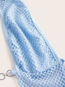SHEIN ICON Fishnet Patchwork Metal Hoop Detail Cropped Hooded Tank Top - Baby Blue - View 4
