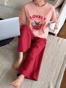 Livesso 女士舒适兔子印花短袖上衣和裤子睡衣套装，夏季