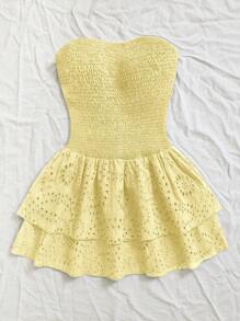 Lunelith SHEIN Lunessa Vacation Style Navy Blue Shirred Sleeveless Halter Sexy Waist Hollow Embroidered Ruffle Hem Elegant Dress