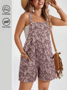 SHEIN LUNE Plus-Size Women'S Boho Summer Khaki Jacquard Fabric Sleeveless Suspenders With Side Pockets Designed For Everyday Casual Romper - Dusty Pink - View 3