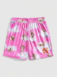 ROMWE MEN Men's Summer Casual Angel Print Drawstring Waist Shorts - Multicolor - View 1