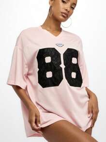 SUMWON WOMEN Oversized Varsity Jersey V Neck Tee Mesh Baller Applique Street Style Fashion Lounge Oversize Fit - Pink - View 7