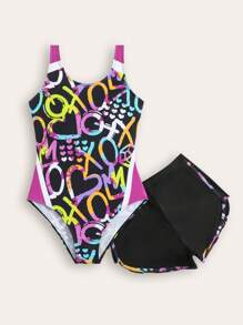 SHEIN Nuevo conjunto de traje de baño de una sola pieza con estampado de letras para niñas adolescentes