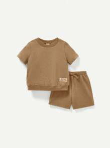 Cozy Pixies 4pcs Set Baby Boy Solid Color Decoration Woven Label Round Neck Short Sleeve Pullover Top And Shorts - Multicolor - View 14