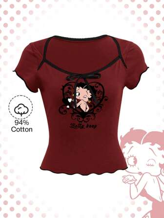 Betty Boop | ROMWE Camiseta ajustada de verano con impresión de personajes de dibujos animados y letras, ribete de lechuga y encaje contrastante.