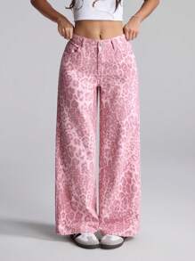 SHEIN PETITE Women's Leopard Print Pocketed Wide Leg Loose Casual Fashion Jeans