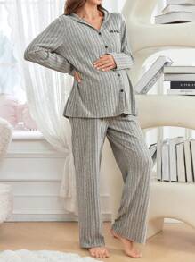 SHEIN Set pigiama da donna premaman con 2 pezzi, cardigan a costine monocromatico e pigiama con ricamo a lettere