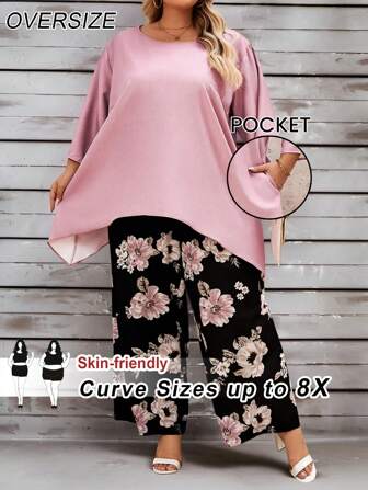 SHEIN CURVE+ Two Pieces Set Of Plus Size Women's Casual Pink Floral Pattern Printed Seven Quarter Sleeves Long Pants, Curve Plus, Boho Vacation Beach Outfits For Woman/Beach /Beach Vacation Outfits/Beach Essentials / Graduation/Tea Party 