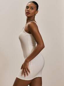 MUSERA ESSENTIALS Rib Scoop Neck Fitted Bodycon Mini Dress Basic Spring Summer Staple Ibiza Holiday Beach - White - View 2