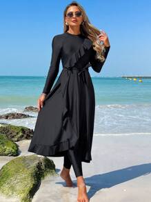 Swim Mulvari 2 件套黑色不对称荷叶边长裙和裤子，配有腰带，中东风格布基尼